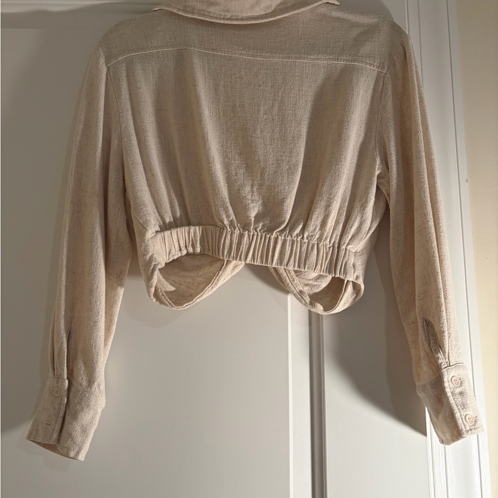 Lulu’s Seeking Chic Beige Long Sleeve Linen Crop Top Lush Medium - Picture 5 of 6